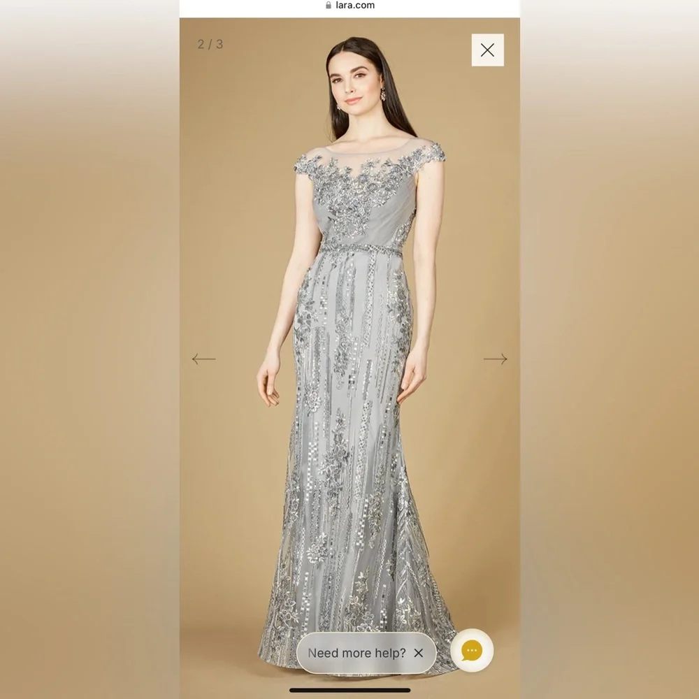 LARA size 12 Silver Beaded Illusion Neck Mermaid‎ Evening Gown